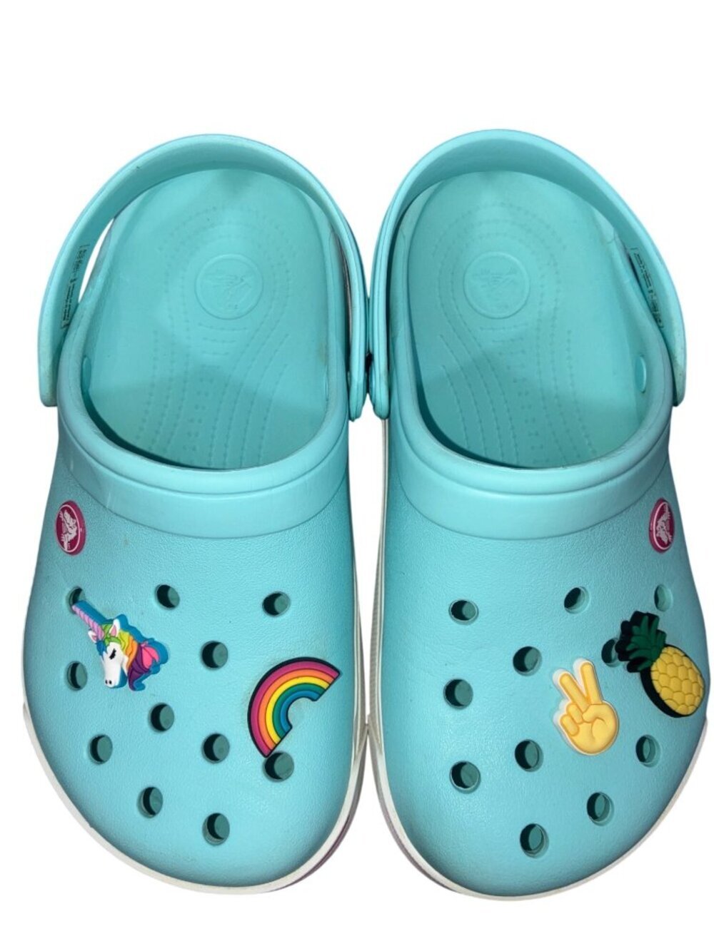 Light Blue Crocs Clogs W/ Jibbitz Charms Unicorn Pineapple Rainbow Peace Sign J3